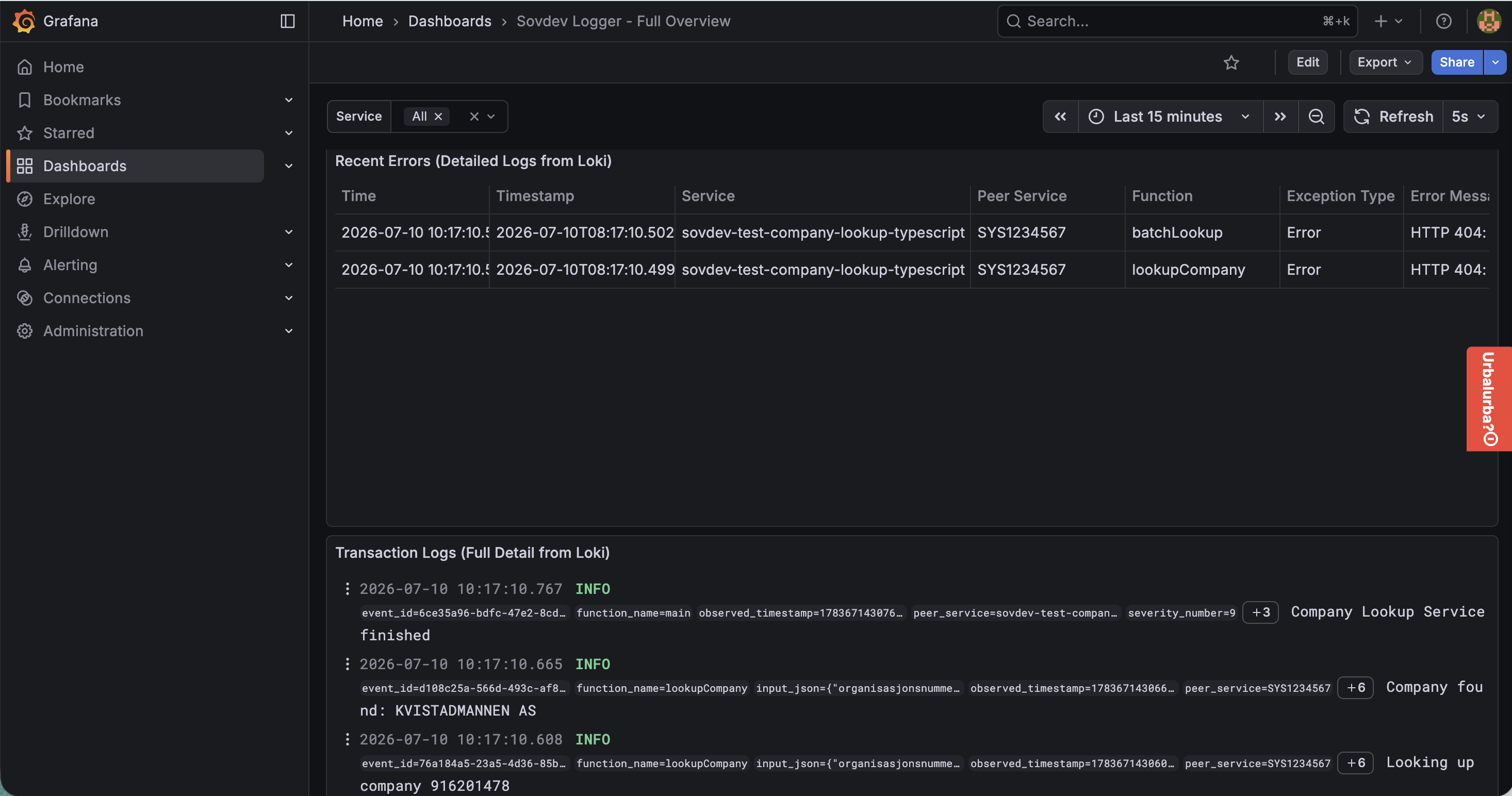 Recent Errors and Transaction Logs panels
