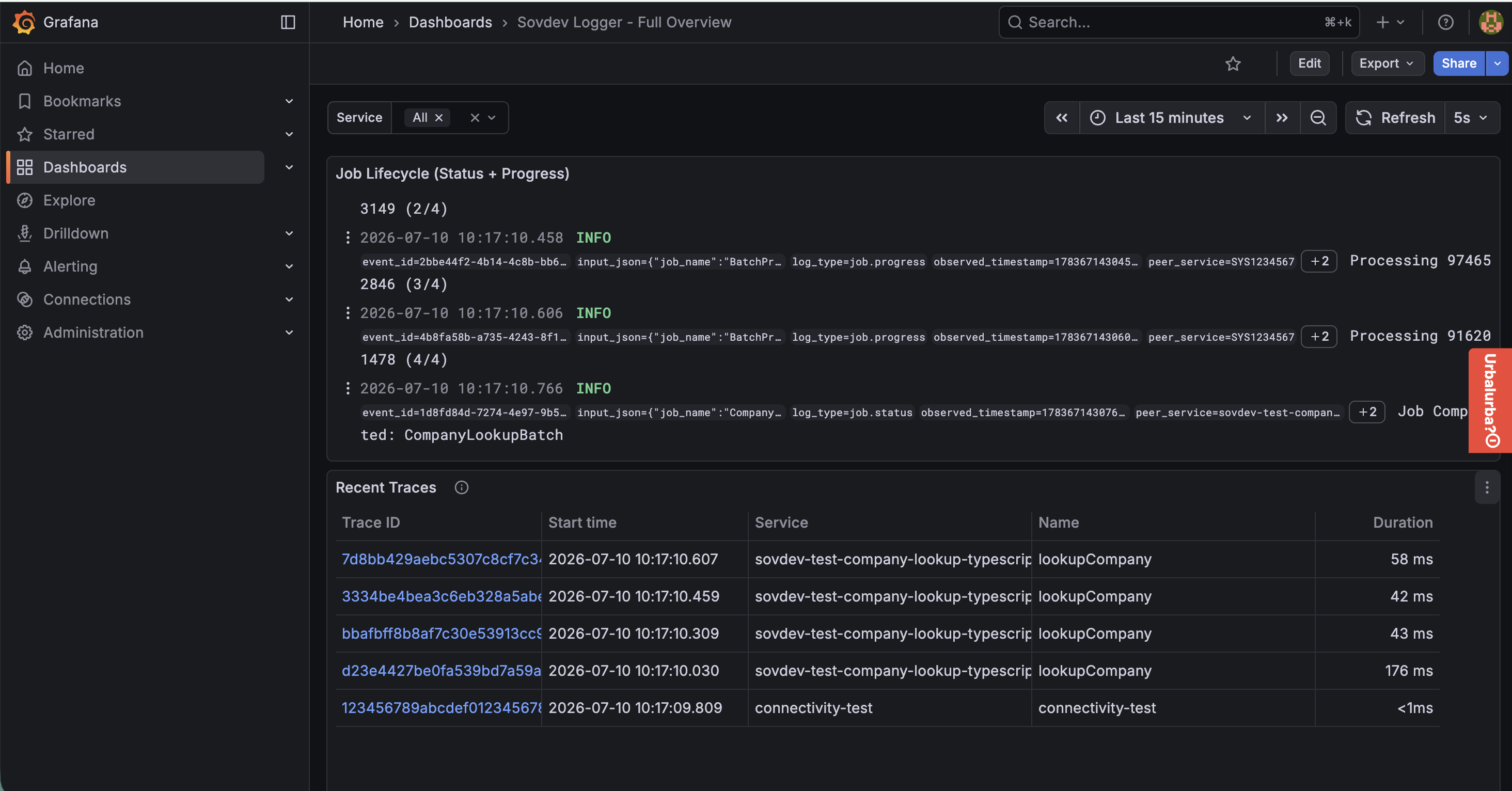 Job Lifecycle and Recent Traces panels