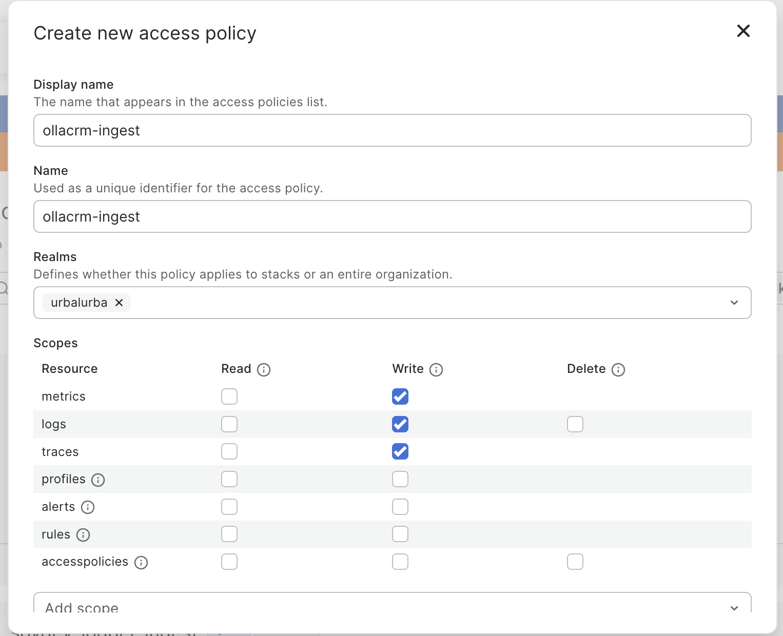 The "Create new access policy" form, filled in for ollacrm-ingest